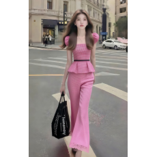 批发新款时尚高端大气方领修身收腰上衣+百搭显瘦长<b class='q'>裤</b>女粉色<b class='q'>格子</b>套装