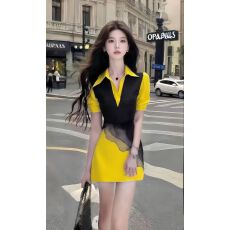 批发温柔知性风时尚黄色衬衫领修身收腰不规则<b class='q'>连衣裙</b>女轻奢小众女装