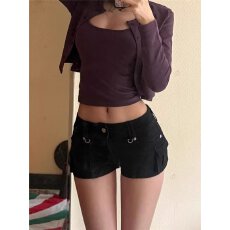 批发美式复古做旧高腰牛仔裤女夏季辣妹别致修身显瘦<b class='q'>热裤</b>ins潮流短裤