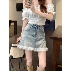 批发韩版高腰蕾丝千禧辣妹牛仔短裤女夏季薄款百搭显瘦A字包臀<b class='q'>热裤</b>子