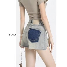 批发浅蓝<b class='q'>色</b>牛仔短裤女高腰夏季大码胖mm小个子显瘦梨形身材a字<b class='q'>热裤</b>子