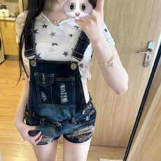 批发复古蓝<b class='q'>色</b>破洞分体两穿牛仔背带短裤女夏季辣妹宽松显瘦百搭<b class='q'>热裤</b>子