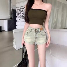 批发蓝<b class='q'>色</b>丰胯牛仔短裤女夏季复古高腰休闲直筒裤子小个子辣妹紧身<b class='q'>热裤</b>