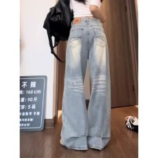 批发Sixminu 潮嘻哈废土泥染做脏牛仔弯刀裤子女情侣宽松长裤女<b class='q'>休闲裤</b>