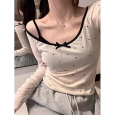 批发鑫泰网批【1*1<b class='q'>莫代尔</b> 两件套】波点蝴蝶结长袖T女修身上衣<b class='q'>打底衫</b>