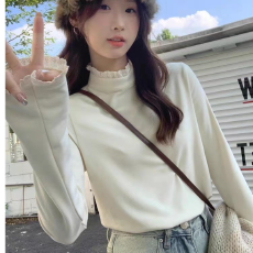 批发鑫泰网批【1*1螺纹德绒280克】新款<b class='q'>打底衫</b>半<b class='q'>高领</b>蕾丝木耳边长袖