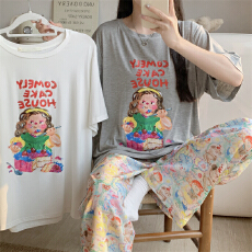 批发<b class='q'>莫代尔</b> 裤子四面弹日系卡通油画<b class='q'>睡衣</b>女夏季短袖长裤冰丝家居服