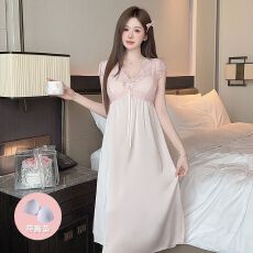 批发实拍日系ins甜美粉色中长款睡裙女短袖带胸垫V领高档简约睡衣