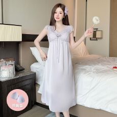 批发实拍日系ins甜美紫色中长款睡裙女短袖带胸垫V领高档简约睡衣
