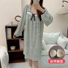 批发实拍绿色秋季新款长袖睡裙泡泡彩虹条纹裙带胸垫裙