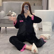 批发满天星秋冬季睡衣女金丝绒印花长袖开衫家居服<b class='q'>套装</b>