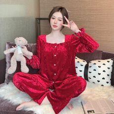 批发红色秋冬季睡衣女金丝绒纯色长袖开衫家居服<b class='q'>套装</b>