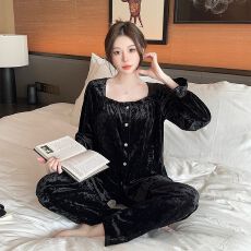 批发黑色秋冬季睡衣女金丝绒纯色长袖开衫家居服<b class='q'>套装</b>