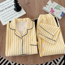 批发【实拍】云朵<b class='q'>棉</b> 韩国东大门黄色条纹<b class='q'>睡衣</b>女春秋季休闲简约家居服