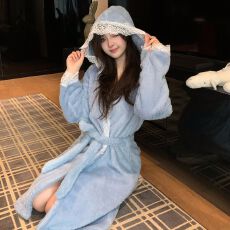 批发蓝色冬季加厚长毛绒连帽睡袍蕾丝纯欲长款浴袍