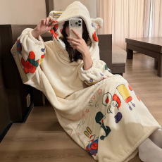 批发直播爆款秋冬长袖法兰绒宽松大睡裙连帽卡通印花长袍睡衣女