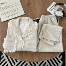 实拍空气棉230g 韩系甜美蕾丝边睡衣女秋冬可爱碎花夹层家居服