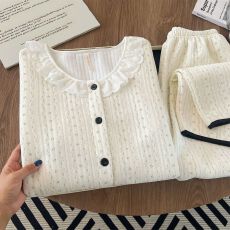 实拍空气棉230g 韩系甜美蕾丝边碎花睡衣女秋冬加厚保暖家居服