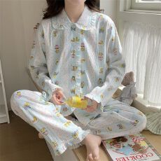 批发实拍云朵棉 小黄鸭木耳边甜美睡衣女春秋季薄款长袖家居服