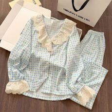 批发实拍仿棉 <b class='q'>春秋</b>季新款睡衣女甜美格子小碎花长袖家居服套装外穿