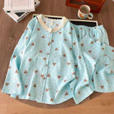 批发【实拍】云朵棉 甜美蓝色<b class='q'>小熊</b>花边长袖睡衣女春秋2026新款家居服