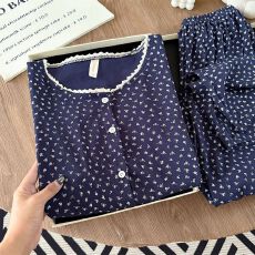 批发【实拍】<b class='q'>纯棉</b> 韩系ins甜美蓝色小碎花<b class='q'>睡衣</b>女春秋2026新款