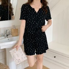 实拍冰丝螺纹带胸垫 韩国甜美小碎花开衫睡衣套装女