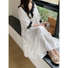 批发网图 云朵棉#2026秋季新款长袖<b class='q'>睡裙</b>女白色纯欲风中长款连衣裙