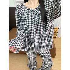 实拍黑格子秋季新款云朵棉宫廷风套头睡衣家居服