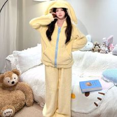 250克大拉链纯色新款睡衣女北极绒加厚连帽大耳朵家居服