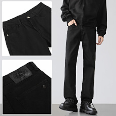 批发2025春秋潮款男士百搭纯色直筒百搭弹力基础水洗黑色牛仔裤