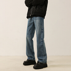 批发水洗做旧复古印花直筒牛仔裤男宽松美式街头潮流长裤时尚男生裤子