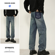 批发印花高级垂感牛仔裤男2025年秋新款宽松直筒美式潮牌高街vibe裤子