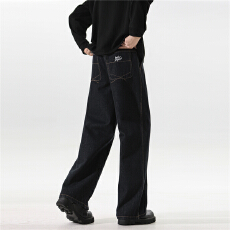 批发秋美式复古格子拼接卷边原牛牛仔裤男阔腿直筒宽松长裤