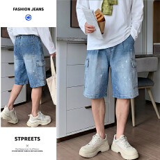 批发牛仔短裤男士夏季薄款直筒宽松中裤痞帅漆点五分裤子