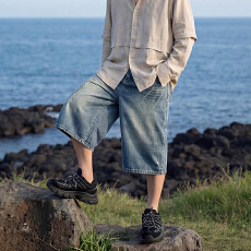 批发美式高街闪电纹七分牛仔裤男女2026年夏季新款破洞宽松短裤阔腿裤