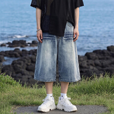 批发美式高街闪电纹七分牛仔裤男女2026年夏季新款潮牌宽松短裤阔腿裤