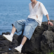 批发2026夏新款美式荆棘刺绣宽松直筒七分牛仔裤<b class='q'>男</b>女潮牌阔腿百搭<b class='q'>短裤</b>