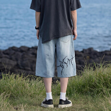 批发2026夏季新美式闪电绣花绿松石扣牛仔<b class='q'>七分裤</b><b class='q'>男</b>女直筒宽松阔腿<b class='q'>短裤</b>