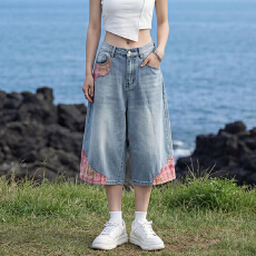 批发美式高街拼接七分牛仔裤<b class='q'>男</b>女2026年夏季新款潮牌宽松<b class='q'>短裤</b>阔腿裤