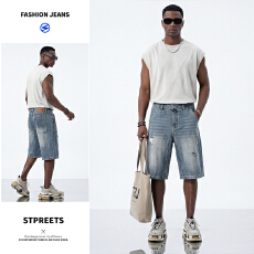 批发五分牛仔短裤男韩版破洞宽松修身夏季薄款休闲中裤复古大码潮款