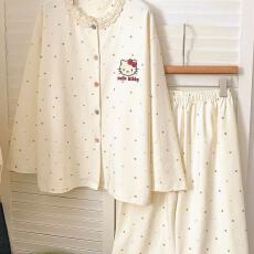 批发春秋季睡衣女新款棉质长袖小翻领长袖长裤休闲家居服套装