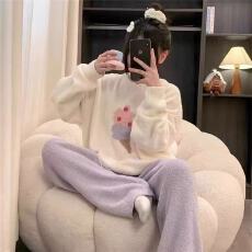 批发睡衣女秋冬季半边绒加厚<b class='q'>大码</b>长袖长裤软绵绵家居服套装