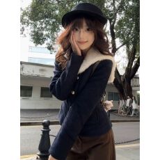 批发韩系小香风海军领毛呢外套女秋冬设计保暖修身收腰俏皮少女感上衣