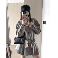 批发法式复古<b class='q'>条纹</b>立领风衣外套女小个子高级感收腰系带百褶<b class='q'>连衣裙</b>秋季