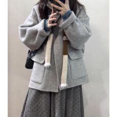 批发灰色加厚超好看呢子大衣女冬季2025新款宽松显瘦百搭连帽毛呢外套