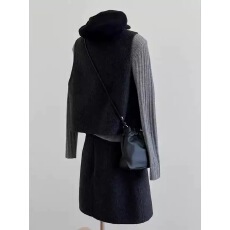 批发轻奢时尚灰色高领长袖<b class='q'>针织</b>衫上衣叠穿背心马甲女秋季半身裙三件套