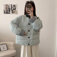 批发韩版格纹小翻袖棉服女2025冬季百搭时尚新款短款棉衣女小圆领外套