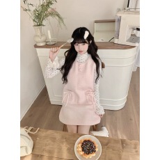 批发甜美可爱减龄粉色背带<b class='q'>连衣裙</b>女秋季内搭波点长袖打底衫上衣两件套