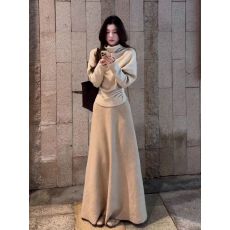 批发法式时尚气质纯色荡领长袖针织上衣女秋季高腰显瘦半身长<b class='q'>裙</b><b class='q'>两件套</b>